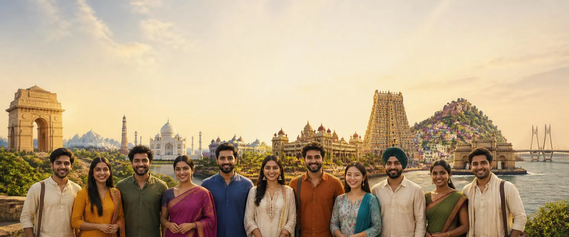 People from across India before a panorama of Indian landmarks