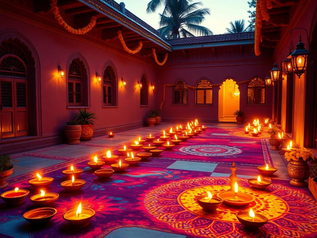 Diya lamps and rangoli in an Indian courtyard on Diwali night