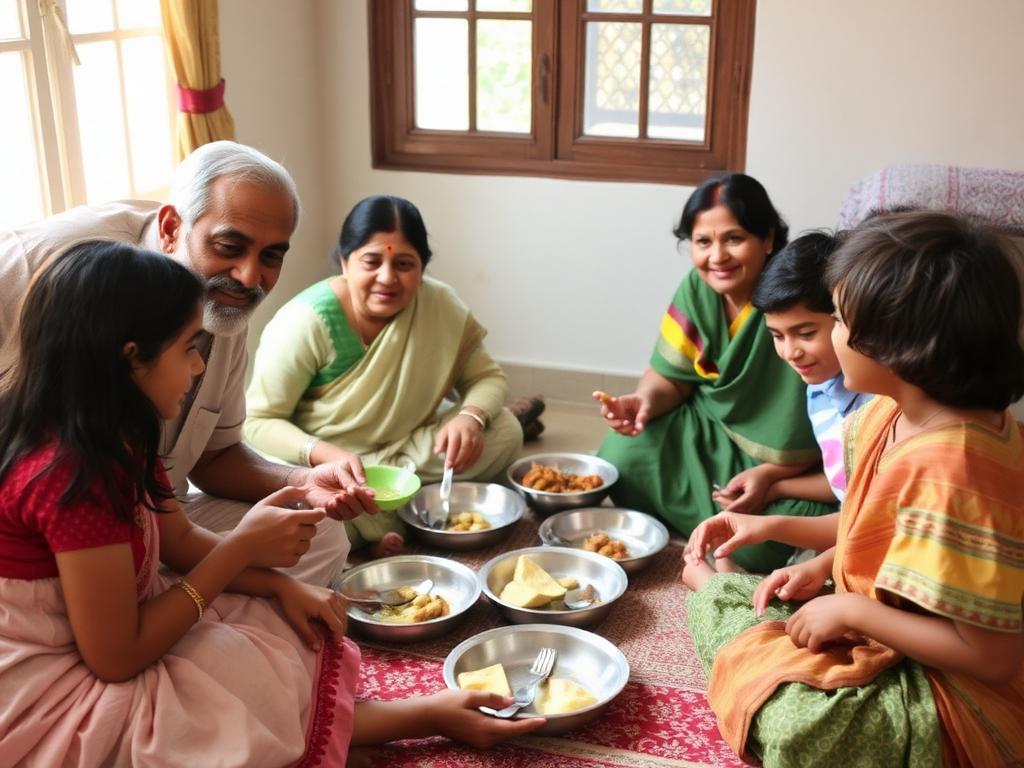 Indian family of elders and grandchildren sharing a meal at home