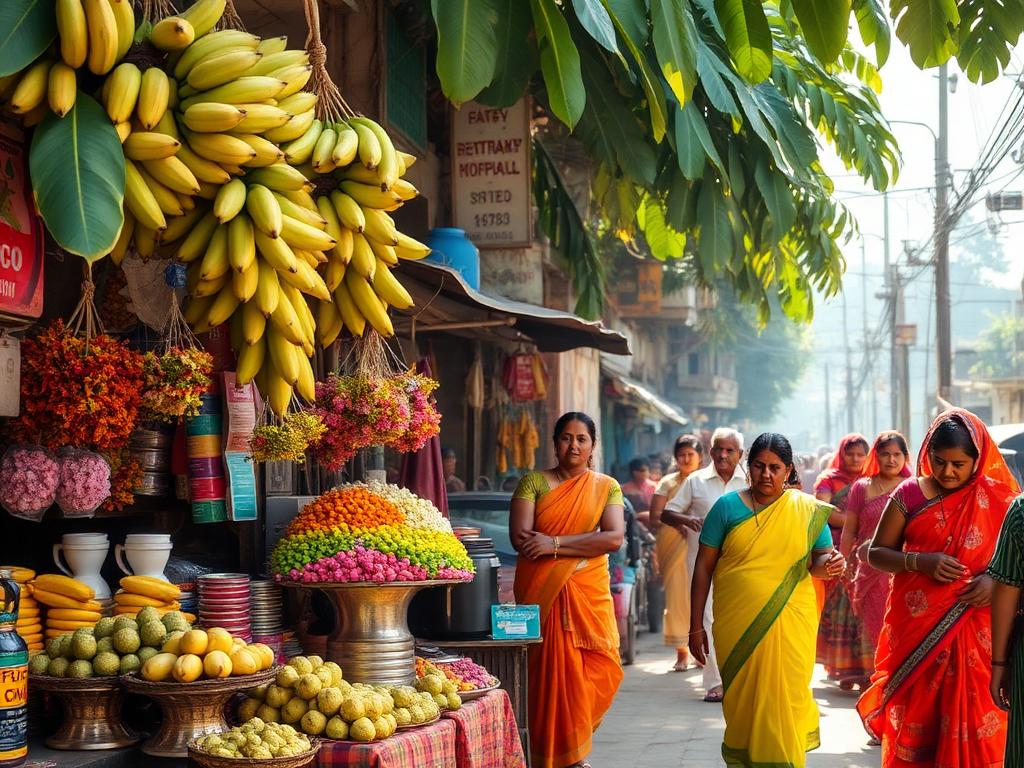 Morning street market in south India with flower and fruit sellers